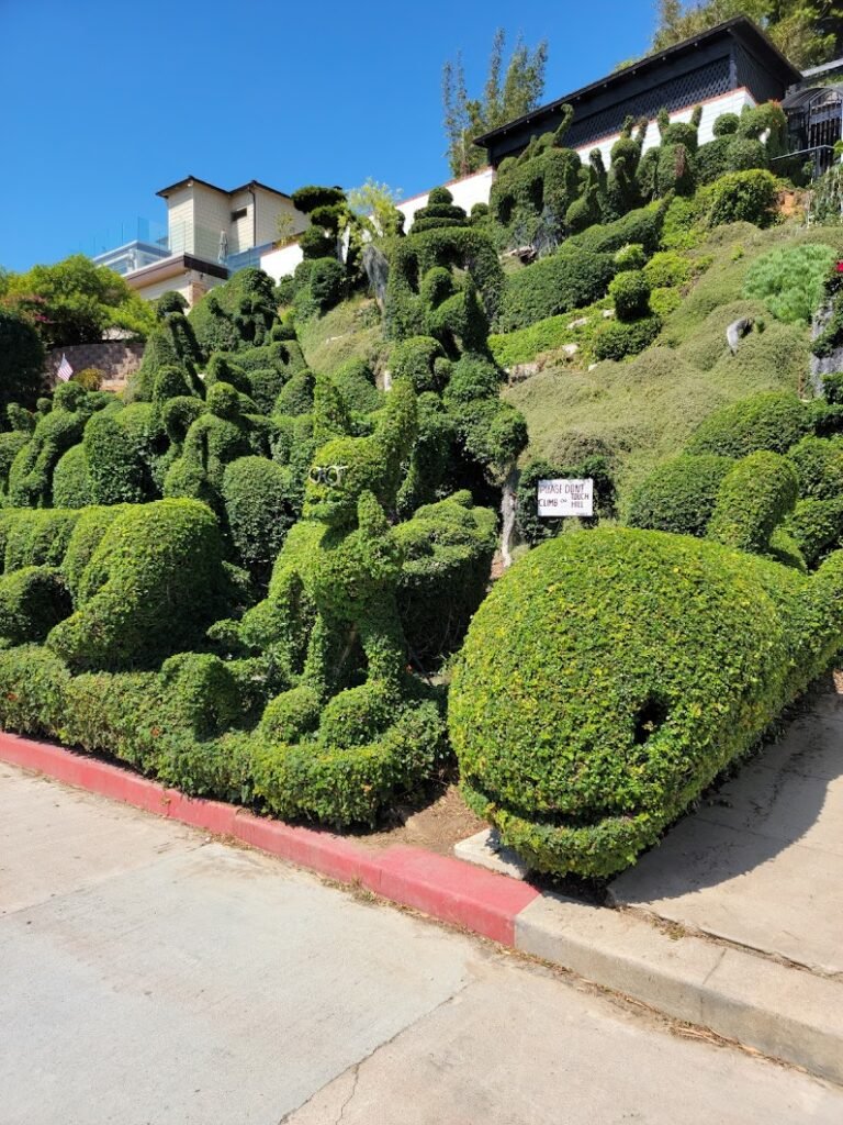 Close-up of a smiling whale and other animal-shaped topiary figures along the curb at Harper's Topiary Garden, San Diego