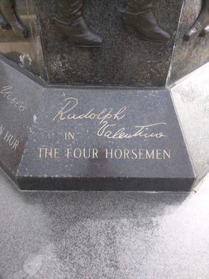 Granite panel on the Celluloid Monument engraved with Rudolph Valentino’s name and his film title The Four Horsemen