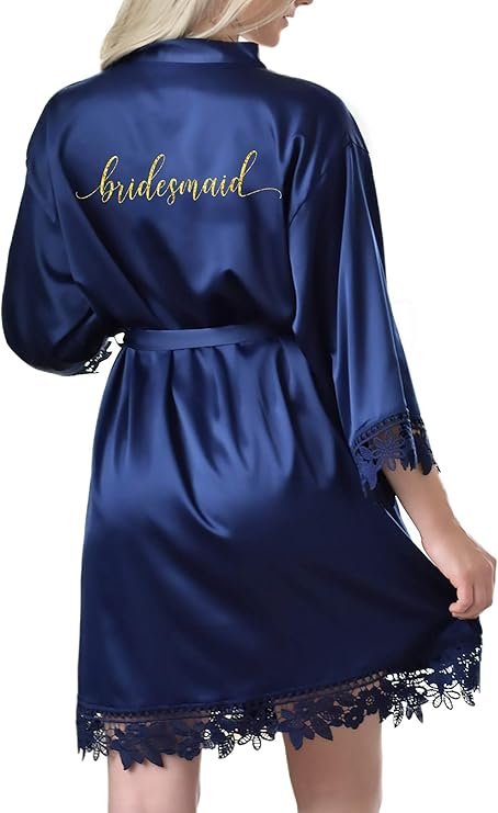 Navy blue satin bridesmaid robe with lace trim and gold script lettering on the back – perfect for wedding morning and gift boxes.

