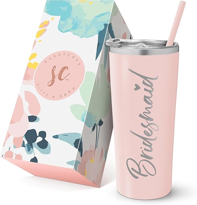 Pink bridesmaid tumbler with straw and floral gift box by SassyCups – perfect for proposal boxes or wedding party gifts.

