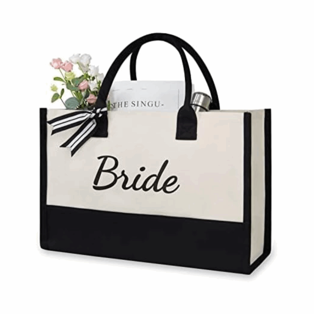 TOPDesign black-trim Bride canvas tote—perfect carryall for weekday weddings

