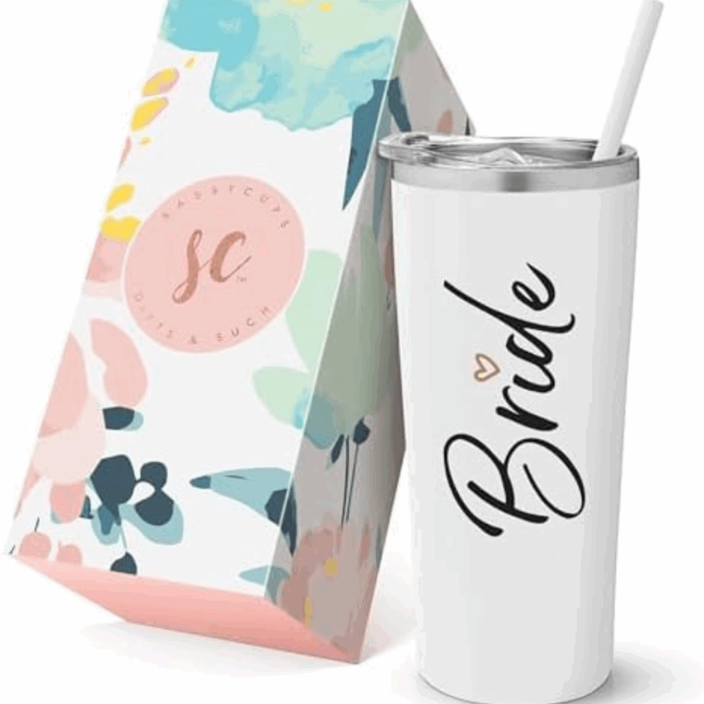 SavvyCups white Bride travel tumbler with floral gift box—ideal for double destination wedding trips