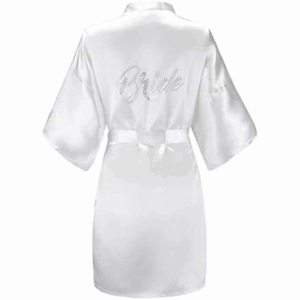 EFLUCA white satin Bride robe with rhinestone lettering—perfect prep piece for Barcelona bridal trends

