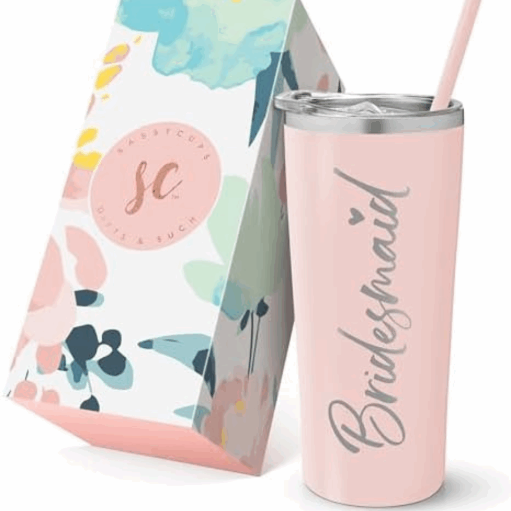 Blush stainless “Bridesmaid” travel tumbler with floral-patterned gift box