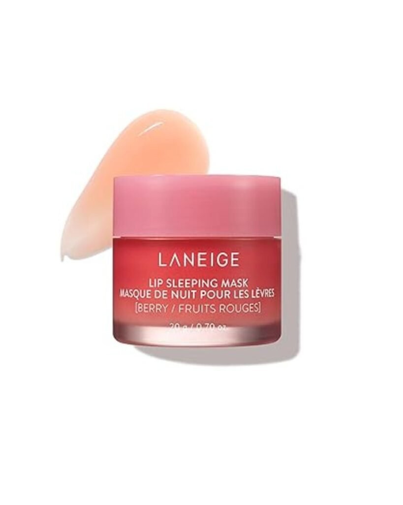 Laneige Lip Sleeping Mask in berry flavor with product swatch – perfect for hydrating lips during a mini spa night at home

