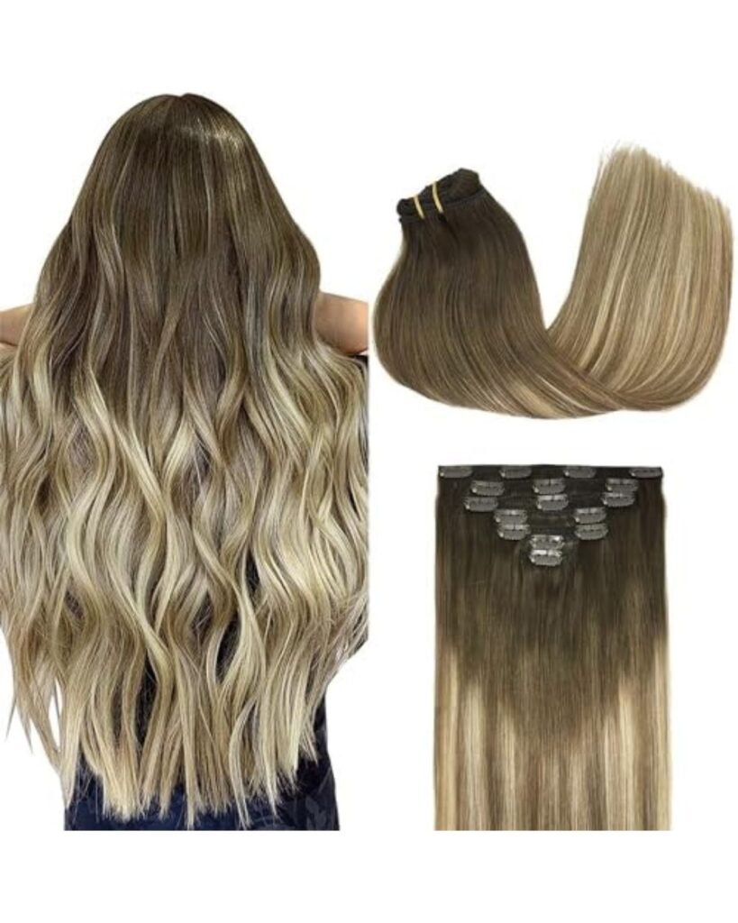 Close-up of ombre blonde Goo Goo clip-in vacation hair extensions, featuring long wavy and straight textures, ideal for travel and effortless styling.