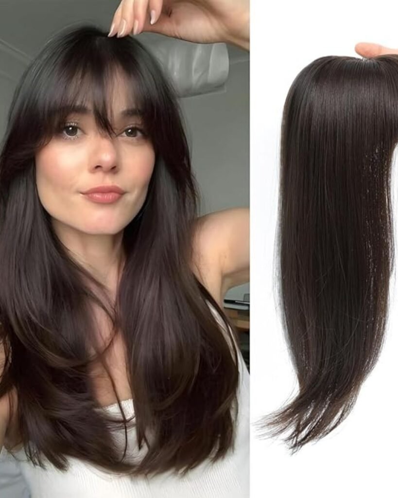 Woman wearing a dark brown JOMI hair topper with bangs, showing natural volume and seamless blend—ideal vacation hair extension for quick styling.

