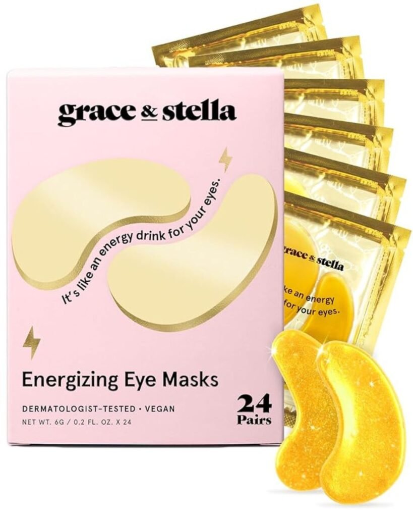 Grace & Stella Energizing Eye Masks with gold under eye patches and pink packaging labeled “like an energy drink for your eyes”