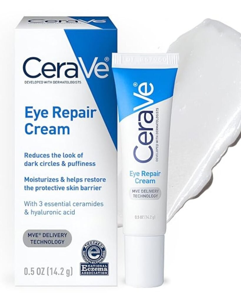 CeraVe Eye Repair Cream with box, tube, and cream texture – formulated with ceramides and hyaluronic acid for dark circles and puffiness

