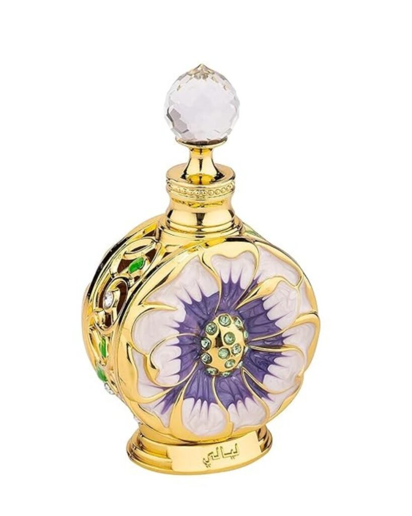 Swiss Arabian Layali perfume – ornate gold bottle with floral design, bold everyday fragrance for women

