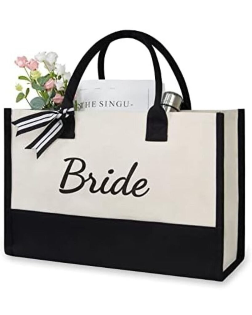 “Bride tote bag with flowers and bridal essentials – perfect for a wedding weekend itinerary welcome gift.”


