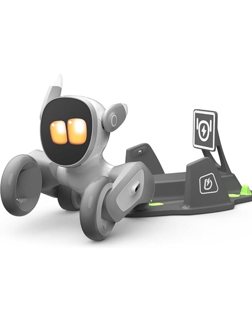 Loona the Robot Dog on charging dock with expressive LED eyes
