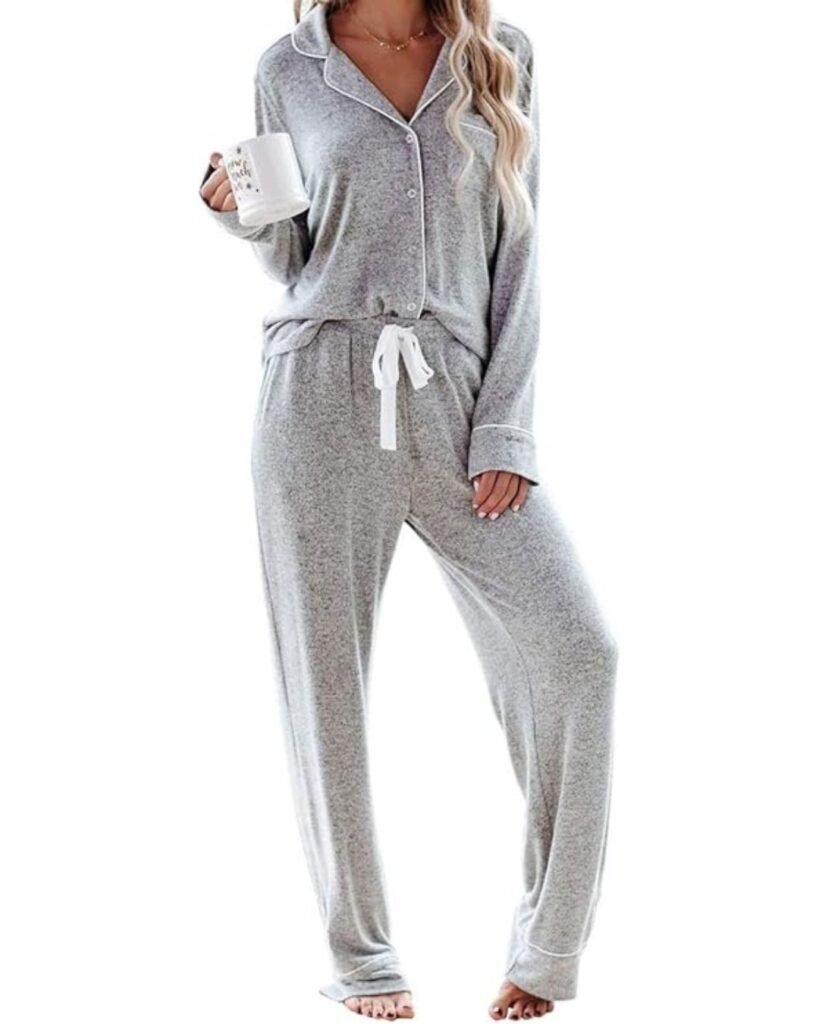 Woman wearing a cozy pajama set, one of the must-have cozy bedroom essentials for comfort and relaxation.



