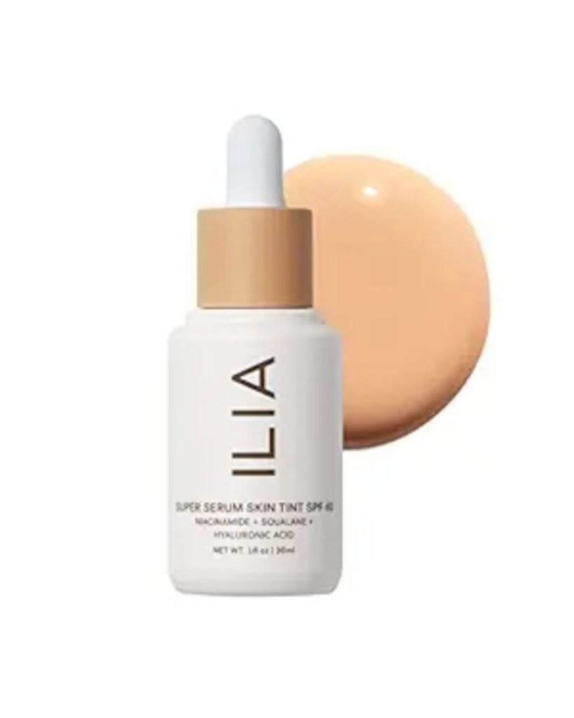 “ILIA Super Serum Skin Tint SPF 40 bottle with dropper, lightweight foundation with skincare benefits and sun protection”