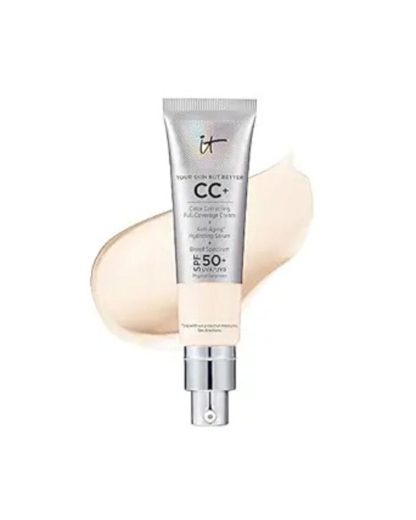“IT Cosmetics CC+ Cream tube with SPF 50 swatched behind, full-coverage foundation and skincare hybrid”