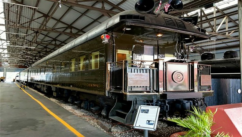 Side view of Ferdinand Magellan Railcar (U.S. Car No. 1) on display at Miami’s Gold Coast Railroad Museum