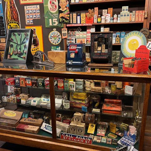 cigerettes.jpg	Vintage cigar and cigarette counter at Ruddy's General Store Museum Palm Springs packed with 1930s goods