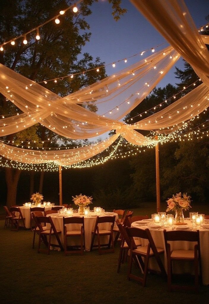 AI and tech in weddings outdoor reception with string lights and draped fabric above decorated tables.
