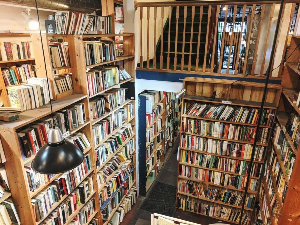 Inside Myopic Books Chicago showing multiple floors and shelves of rare and used books