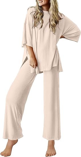 Beige cozy loungewear set with wide-leg pants and oversized top for women
