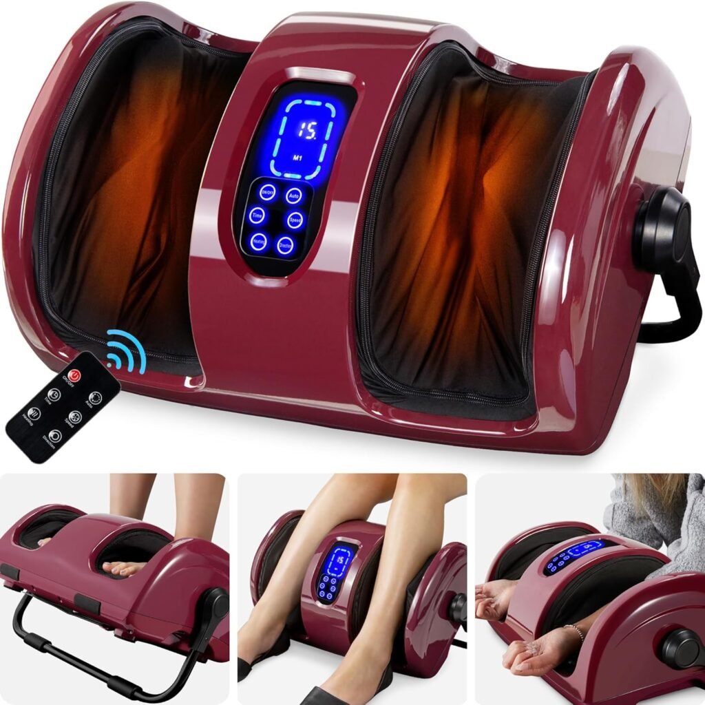 Shiatsu foot massager with heat and remote control for home relaxation.