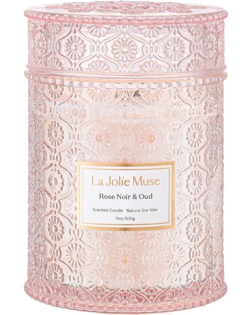 Self-Care Sunday Rose Noir & Oud candle in decorative pink glass jar

