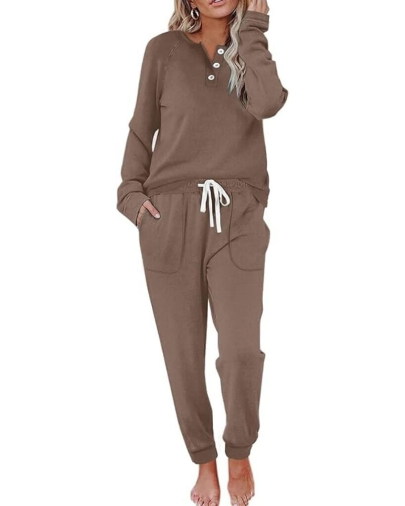 Self-Care Sunday loungewear set: woman wearing a brown button-front top and matching drawstring jogger pants

