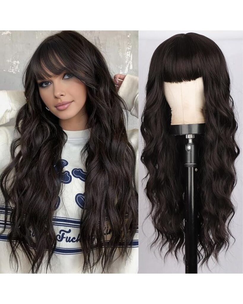 Side-by-side view of a long, dark brown wavy human-hair wig with blunt bangs—on the left a model wears it styled in loose waves, and on the right it’s displayed on a mannequin head