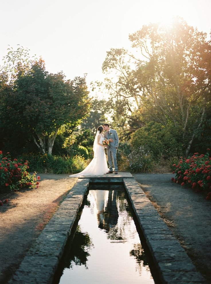 Destination wedding in the U.S. at The Oregon Garden with bride and groom at sunset.
