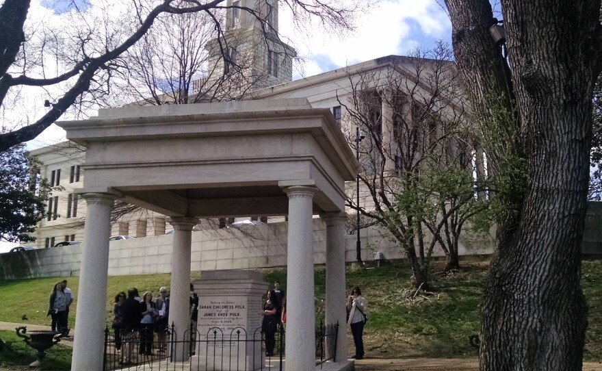Visitors gather at President James K. Polk’s Tomb on the Tennessee State Capitol grounds in Nashville, Tennessee.