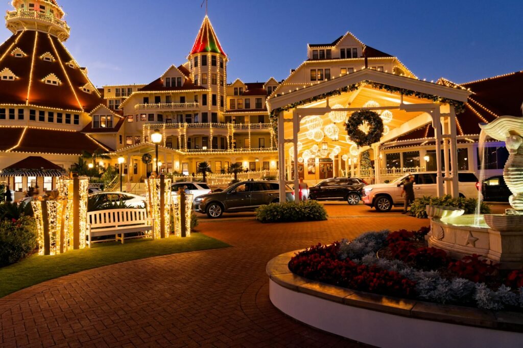 illuminated hotel del coronado at dusk california usa