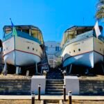 Frontal view of the Encinitas Boat Houses, twin ship-shaped homes SS Encinitas and SS Moonlight, a quirky landmark in Encinitas, California.