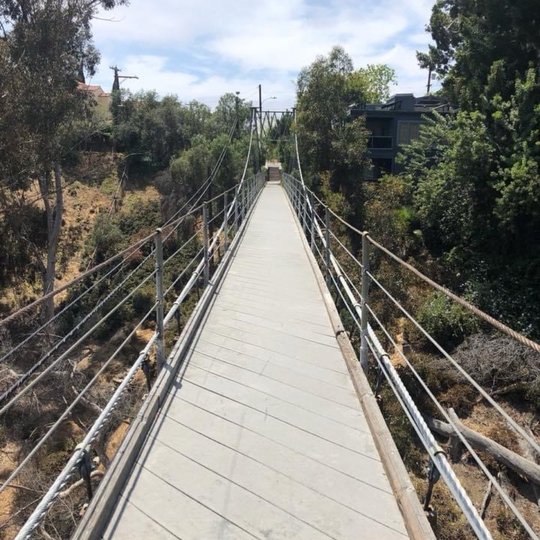 View from the center of the Spruce Street Bridge in San Diego, showing suspension cables and a tree-lined path ahead.