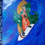 Close-up of the Surfing Madonna mosaic showing the Virgin of Guadalupe surfing beside the words “Save the Ocean”.