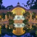 Balboa Park Botanical Building mirrored in the Lily Pond at dusk
