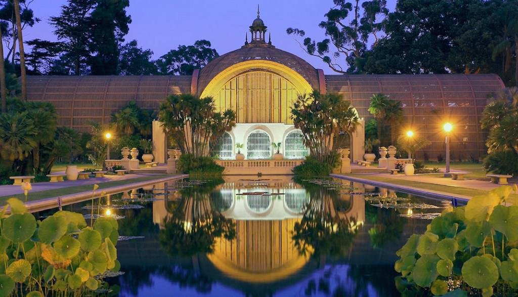 Balboa Park Botanical Building mirrored in the Lily Pond at dusk