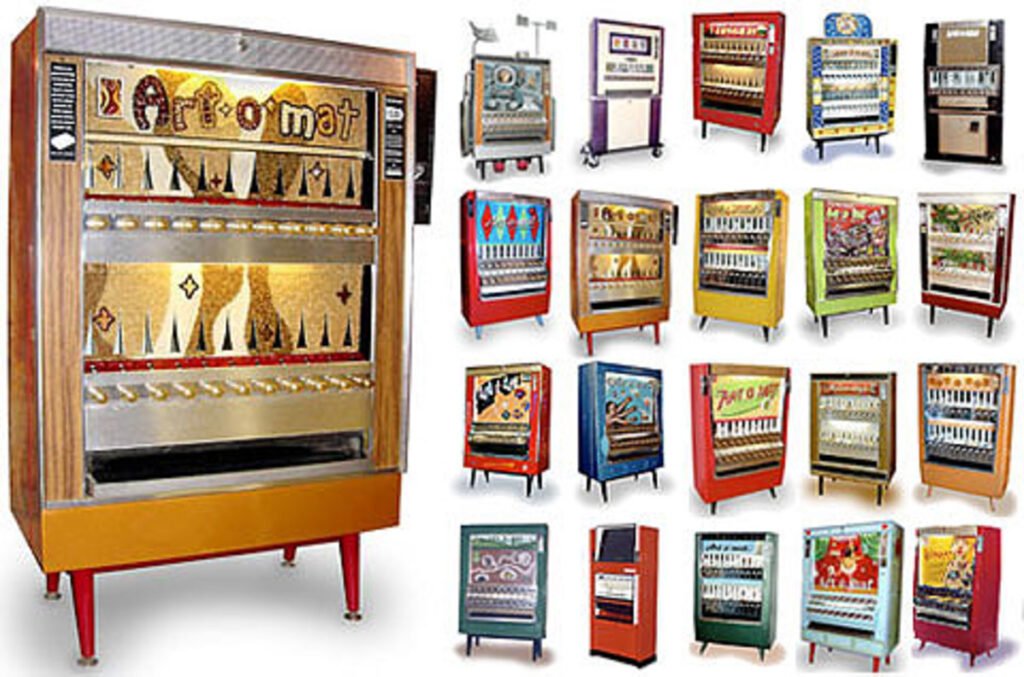 Collage of Artomat Vegas machines in many colors, showing the range of retro cigarette-style art dispensers