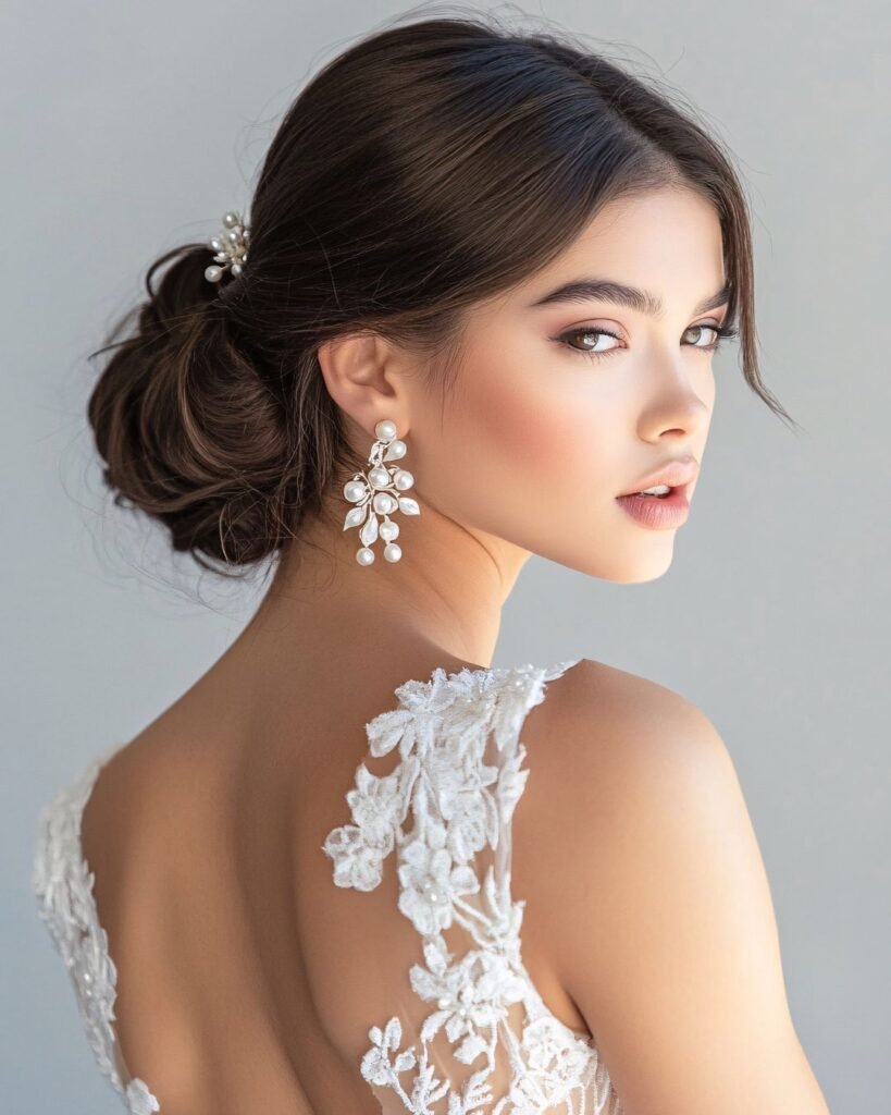 Bridal portrait: woman with a soft updo, glowing natural makeup, and pearl drop earrings wearing a lace wedding gown