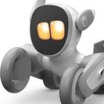 Close-up of Loona the Robot Dog showing LED eyes and sleek AI design