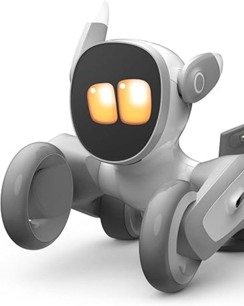 Close-up of Loona the Robot Dog showing LED eyes and sleek AI design