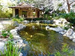Koi pond bordered by smooth rocks with a traditional teahouse at Storrier Stearns Japanese Garden in Pasadena