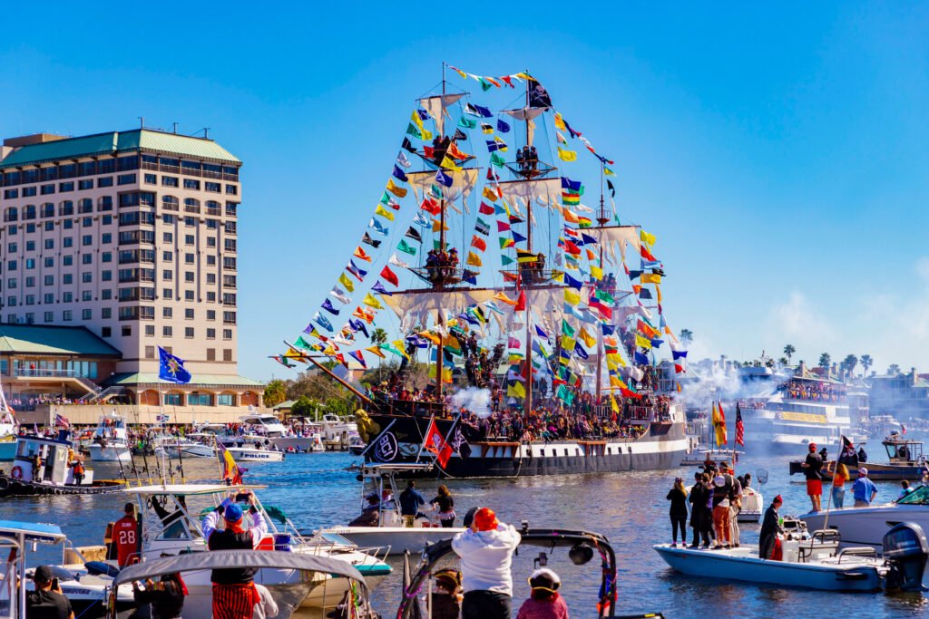 Pirate ship Jose Gasparilla sailing into Tampa Bay during the Gasparilla Pirate Festival parade.