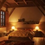 Self-Care Sunday cozy bedroom retreat with warm bedside lamps, exposed wooden beams, plush bedding, and a patterned rug