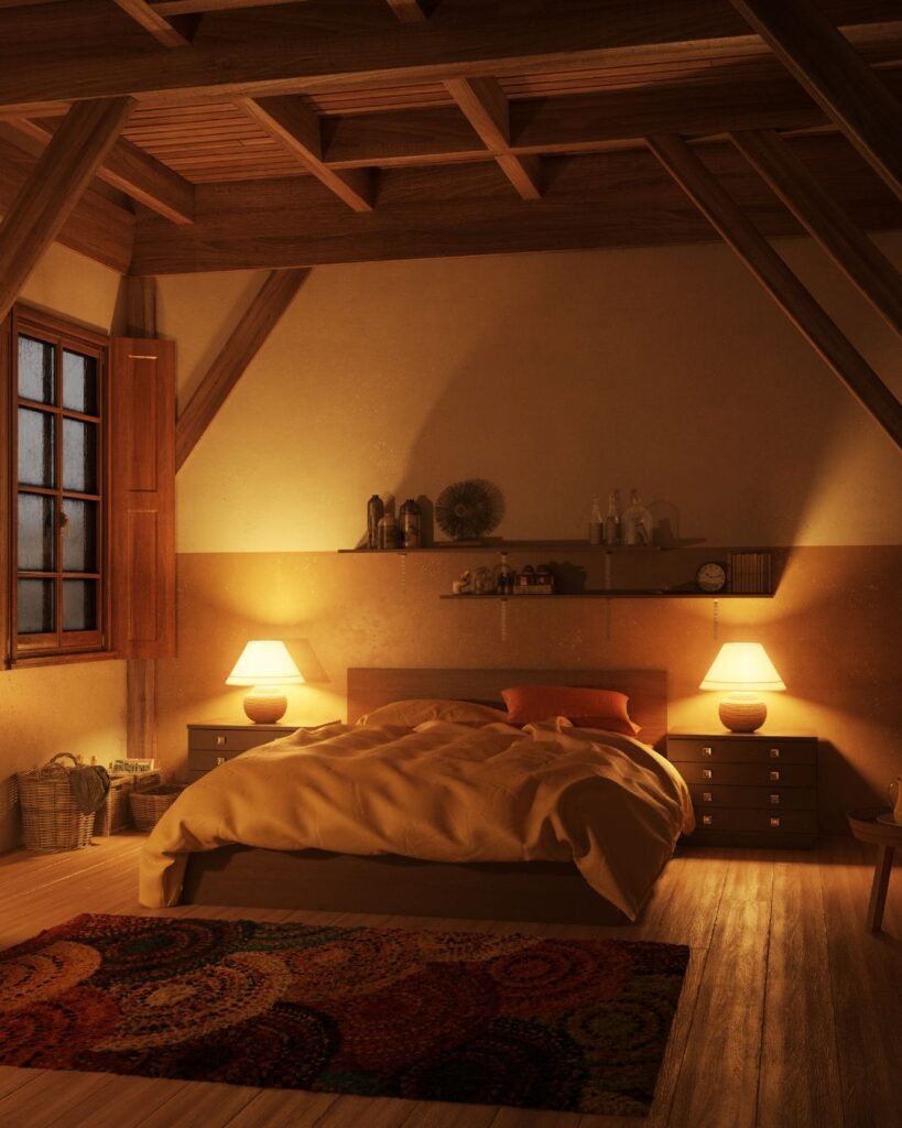 Self-Care Sunday cozy bedroom retreat with warm bedside lamps, exposed wooden beams, plush bedding, and a patterned rug