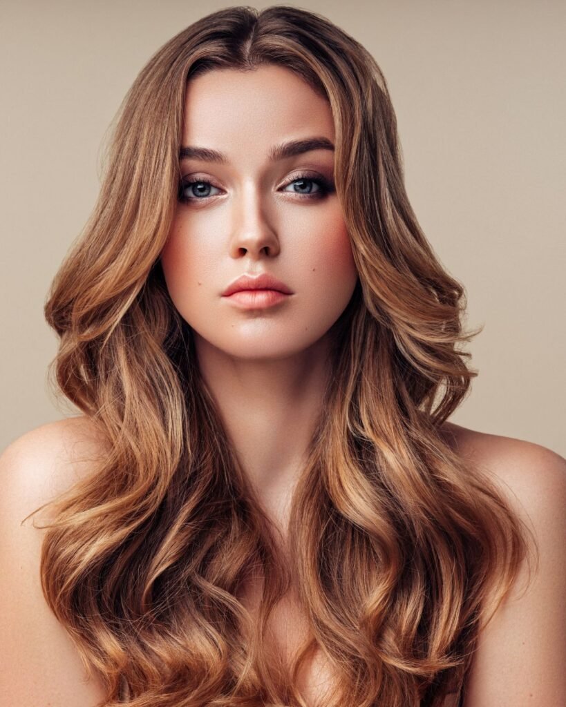 A close-up portrait of a young woman with long, light brown wavy hair, subtle layers framing her face, and natural makeup against a neutral beige background