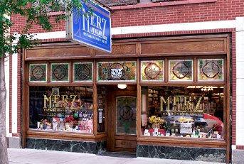 Historic Merz Apothecary Chicago storefront with wooden frame and stained glass windows