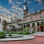 Exterior view of the Henry B. Plant Museum in Tampa featuring Moorish domes and historic red-brick design.