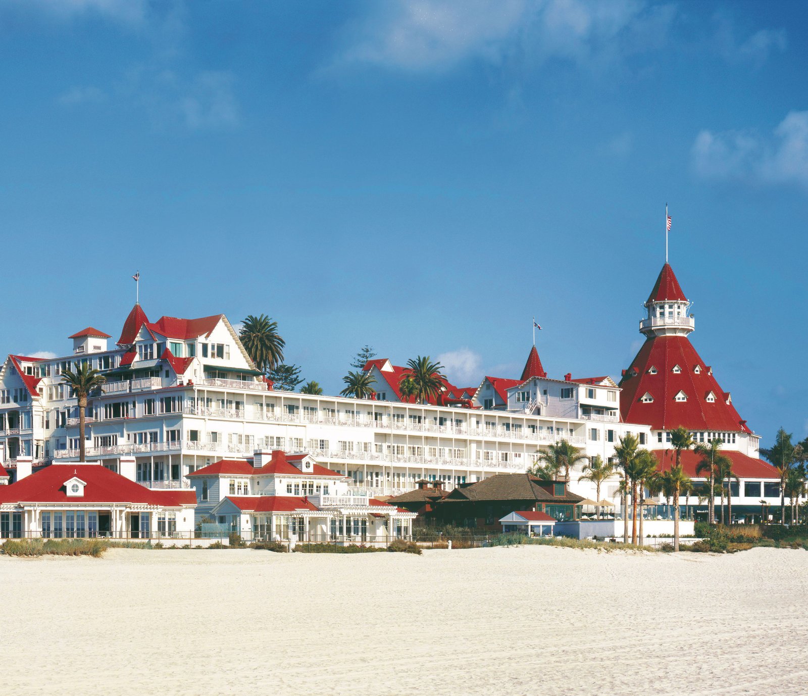 Exterior of Hotel del Coronado with red rooftops and palm trees in San Diego, California