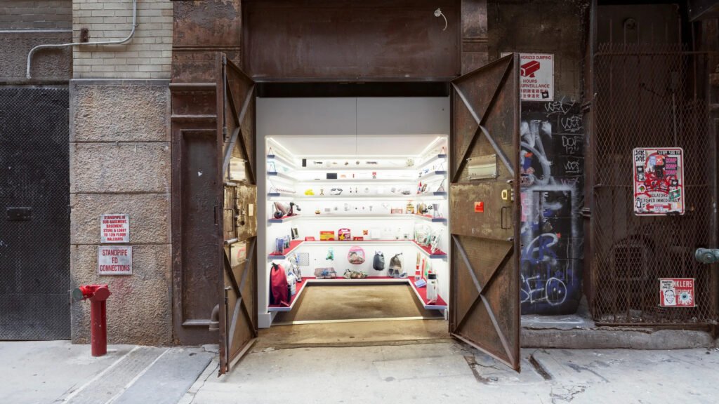 Entrance to Mmuseumm in New York, located inside a former freight elevator in a narrow Chinatown alley.