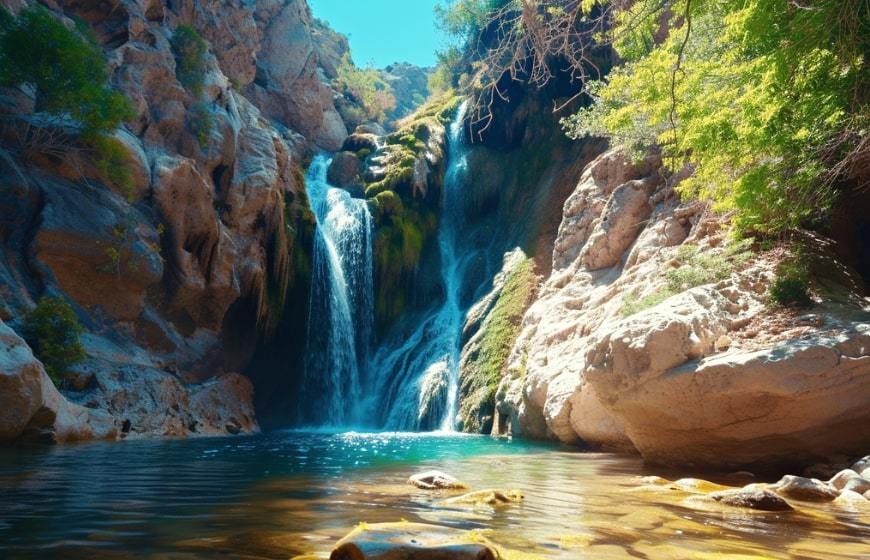 Scenic view of Tahquitz Falls Palm Springs with clear pool and desert cliffs.